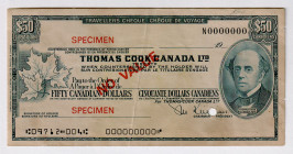 Canada Travelers Check 50 Dollars 1950 (ND) Specimen
P# NL, # 0000000; VF