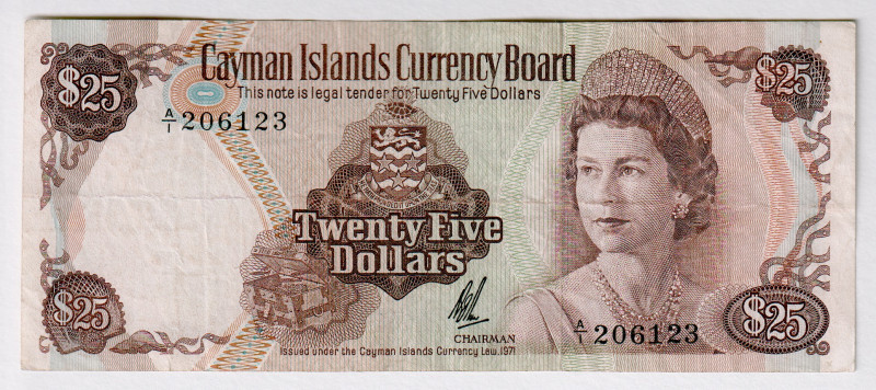 Cayman Islands 25 Dollars 1971
P# 4, N# 267268; # A/1 206123; VF