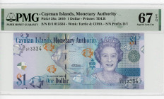 Cayman Islands 1 Dollar 2010 PMG 67
P# 38a, N# 205341; # D/1 013334; Elizabeth II