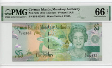 Cayman Islands 5 Dollars 2010 PMG 66
P# 39a, N# 224938; # D/1 002661; Elizabeth II