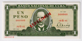 Cuba 1 Peso 1980 Specimen
P# 102bs, # AB01 000000; UNC