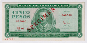 Cuba 5 Pesos 1970 Specimen
P# 103bs, # 000000; UNC