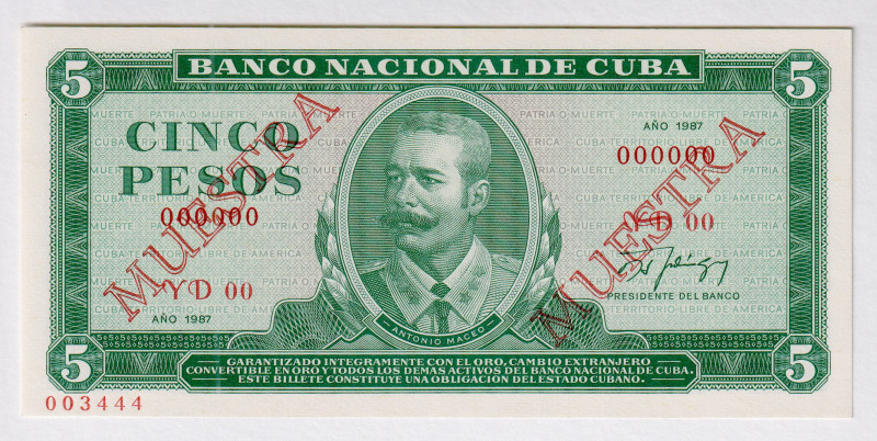 Cuba 5 Pesos 1987 Specimen
P# 103cs, # YD00 000000; UNC