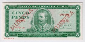 Cuba 5 Pesos 1987 Specimen
P# 103cs, # YD00 000000; UNC