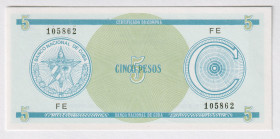 Cuba Foreign Exchange 5 Pesos 1985 (ND) Series C
P# FX13, N# 222773; # FE105862; UNC
