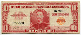 Dominican Republic 10 Pesos Oro 1962 (ND)
P# 93a, # 0729581; VF, Tear