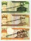 Dominican Republic 10 - 20 - 100 Pesos Oro 2001 Specimen
P# 168s1 - 169s1 - 171s1, N# 209940, N# 204420, N# 209986; UNC