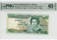 East Caribbean States Antigua 5 Dollars 1988 - 1983 (ND) A PMG 65
P# 22a1, N# 248669; # B269412A; Elizabeth II