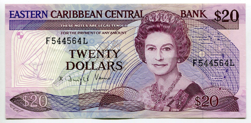 East Caribbean States Saint Lucia 20 Dollars 1988 (ND)
P# 24l2, N# 248670; # D5...