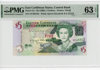 East Caribbean States 5 Dollars 2008 (ND) PMG 63
P# 47a, N# 204106; # AT425342; Elizabeth II