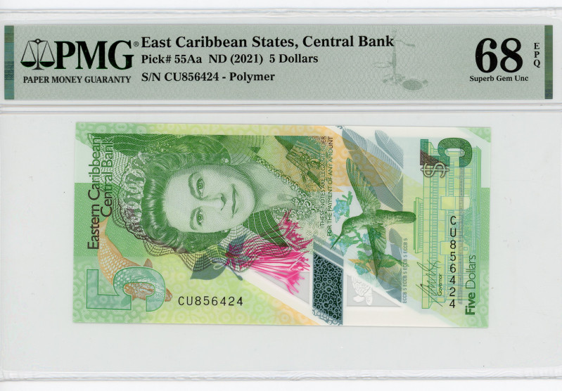 East Caribbean States 5 Dollars 2021 (ND) PMG 68
P# 55Aa, N# 216759; # CU856424...