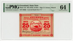 Greenland 25 Ore 1913 (ND) PMG 64
P# 11b, # 76365; Curved Dash Over "U"