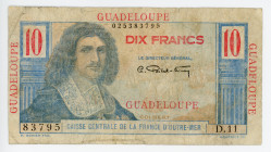 Guadeloupe 10 Francs 1947 - 1949 (ND)
P# 32, N# 215389; #025383795; F-VF