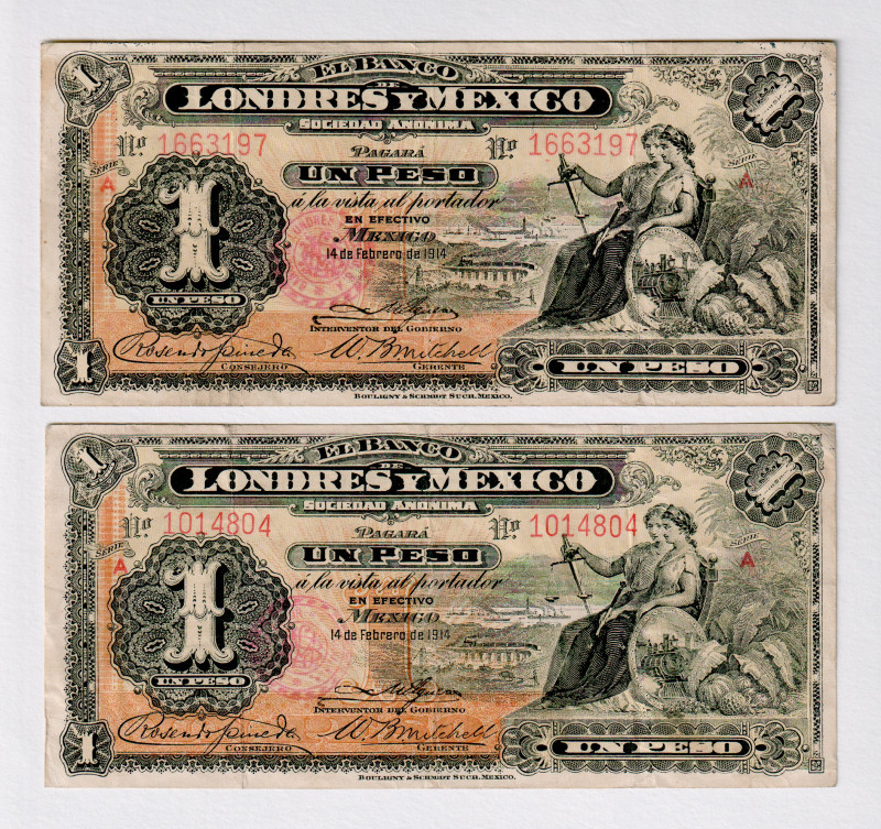 Mexico Londres 2 x 1 Peso 1914
P# S240, # 1663197; # 1014804; VF