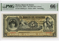 Mexico 5 Pesos 1897 - 1911 (ND) PMG 66 Reminder
P# S419r, # DO 344939 pp G; Banco de Sonora