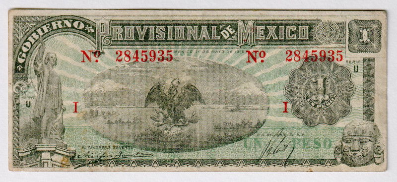 Mexico Gobierno Provisional 1 Peso 1916
P# S709, N# 212879; # 2845935; VF+