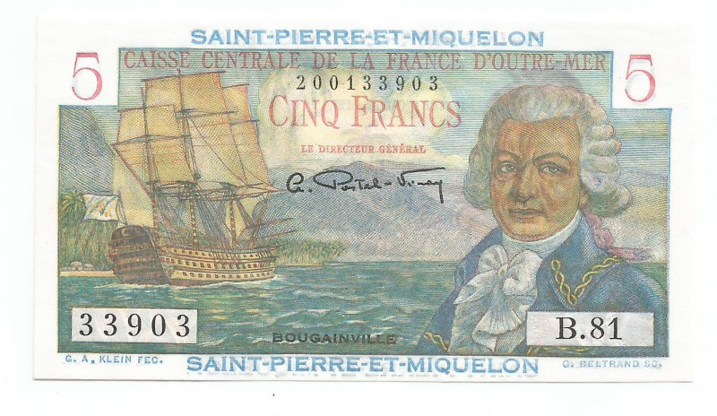 Saint Pierre & Miquelon 5 Francs 1950 - 1960 (ND)
P# 22, N# 204728; #200133903;...