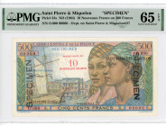 Saint Pierre & Miquelon 10 Nouveaxue Francs on 500 Francs 1964 (ND) Specimen PMG 65 Oveprint
P# 33s, N# 233789; # O.000 00000; Overprint in P# 27