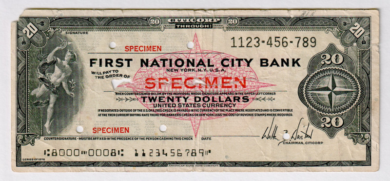 United States Travelers Check 20 Dollars 1976 Specimen
P# NL, # 1123456789; F