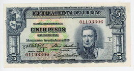 Uruguay 5 Pesos 1939
P# 36b, N# 223232; # 01193306; "Conqistador"; UNC-