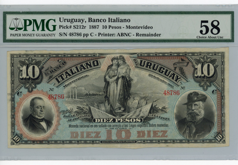 Uruguay Banco Italiano 10 Pesos 1887 PMG 58
P# S212r, # 48786; AUNC