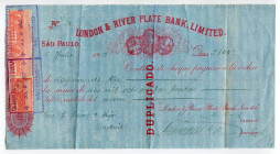 Brazil San Paulo 2809 Pesetas 1912 London & River Plate Bank Ltd 
Cheque; XF