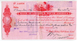 Brazil Bahia (Salvador) 1423 93/100 Pesetas 1926 Bank of London and South America 
Bill of Exchange; XF+