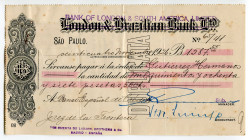 Brazil San Paulo 1926 London & Brazilian Bank Ltd 
Cheque paybale by Lazard Brothers in Madrid; XF