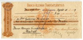 Chile Antofogasta 1200 Pesetas 1909 Banco Aleman Transatlantico 
Bill of Exchange drawn to the Madrid office of this German overseas bank; Banco Alem...