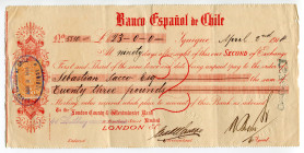 Chile Iquique 23 Pounds 1914 Banco Espanol de Chile 
Bill of Exchange drawn to the London County and Westminster Bank Ltd. Meticously engarved vignet...