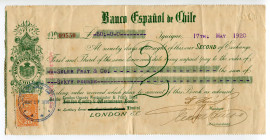 Chile Iquique 60 Pounds 1920 Banco Espanol de Chile 
Bill of Exchange for drawn to the London County; XF