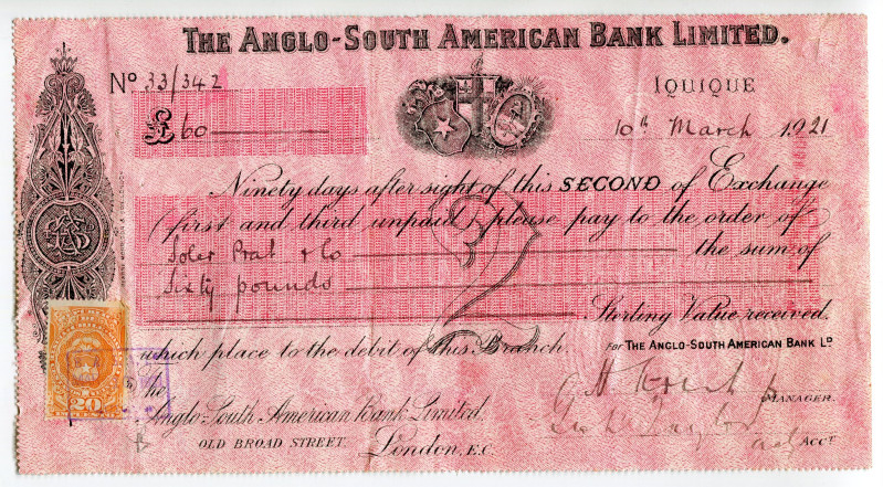 Chile Iquique 60 Pounds 1921 The Anglo-South American Bank Ltd 
Bill of Exchang...