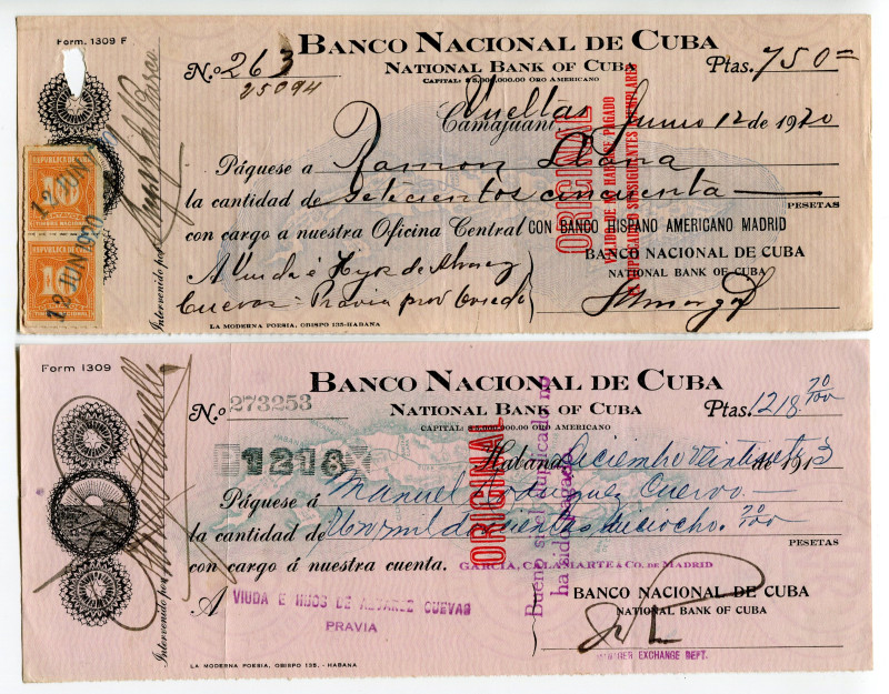 Cuba Havana 1913 - 1920 Banco Nacional de Cuba 
A pair of cheques with underpri...