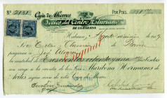 Cuba Havana 381.80 Pesetas 1919 Caja de Ahorros de los Socios del Centro Asturiano de la Habana 
Bill of Exchange for drawn by the Saving Bank of aus...