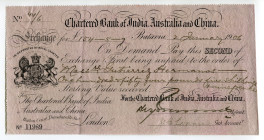 Indonesia Batavia 154-5-9 Pounds 1906 Chartered Bank of India Australia and China
Bill of Exchange hand signed by Accountant and Agent. Printed by Sp...
