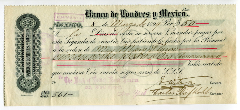 Mexico Mexico City 50 Dollars 1899 Banco de Londres y Mexico
Bill of Exchange; ...