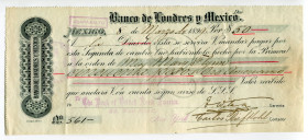 Mexico Mexico City 50 Dollars 1899 Banco de Londres y Mexico
Bill of Exchange; Banco de Londres y Mexico was the first foreign bank created in Mexico...