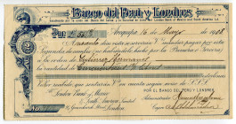 Peru Arequipa 59 9/1 Pounds 1908 Banco del Peru y Londres 
Bill of Exchange for drawn to the London Bank of Mexico and South America; XF+