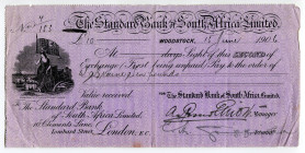 South Africa Woodstock 10 Pounds 1906 The Standard Bank of South Africa Limited 
Bill of Exchange; The seal to the left: a landscape depicting female...