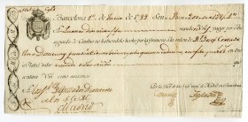 Spain Barcelona 200 Pesos 1799 Cinco Gremios Mayores de Madrid 
Bill of Exchange; The company was formed in 1763, when five major guilds of Madrid (t...
