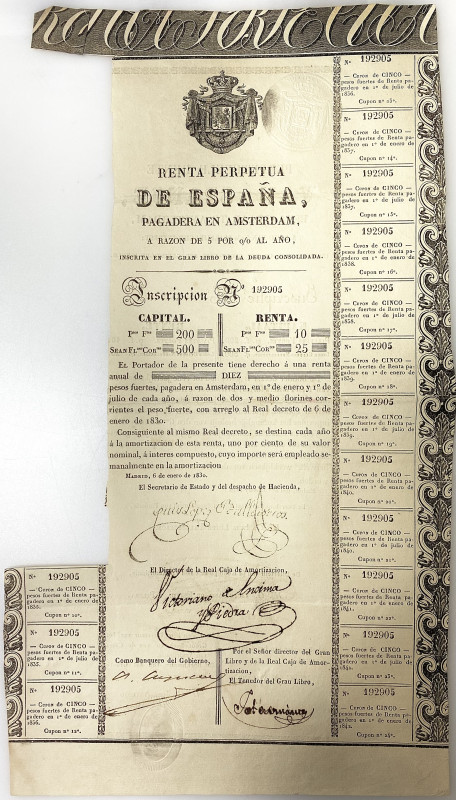 Spain 200 pesos or 500 florins 1830 Bond 
Certificate of 5% Renta Perpetua de E...