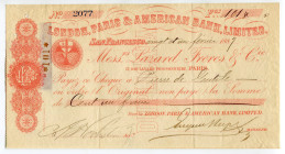 United States California 101 Francs 1886 San Francisco London, Paris & American Bank
The bank was formed by English and French capital to finance gol...