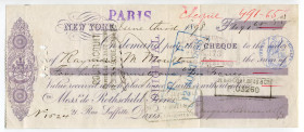 United States New York 2590 Francs 1898 Rothschild Brothers or de Rothschild Freres 
Check drawn on Rothschilds' bank in Paris; XF