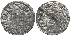 1277 a 1281. Alfonso X (1252-1284). Coruña. Dinero de la segunda guerra de Granada. Ve. 0,76 g. Punto bajo león. MBC. Est.60.