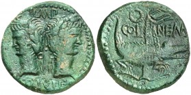 (después 10 a.C.). Augusto y Agrippa. Nemausus (Nimes). Dupondio. (Spink 1730) (Co. 10) (RIC. 158). 12,36 g. Pátina verde. MBC+.