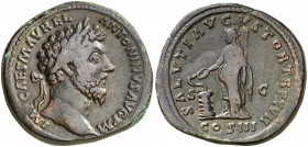 (163 d.C.). Marco Aurelio. Sestercio. (Spink 4999 var) (Co. 564) (RIC. 843). 27,15 g. MBC.