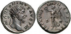 (164 d.C.). Marco Aurelio. As. (Spink falta) (Co. 864) (RIC. 884). 10,61 g. Campos repasados. (EBC/EBC-).
