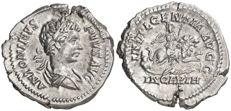 (204 d.C.). Caracalla. Denario. (Spink 6806) (S. 97) (RIC. 130a). 3,50 g. Grieta...