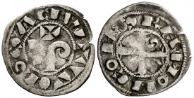 Ramon VI (1194-1222) i Ramon VII (1222-1249). Tolosa. Òbol. (Cru.Occitània 81). 0,38 g. La leyenda del anverso empieza a las 3h del reloj. Escasa. MBC...