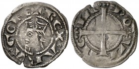 Pere I (1196-1213). Provença. Ral coronat. (Cru.V.S. 172 var) (Cru.Occitània 98 var) (Cru.C.G. 2114 var). 0,81 g. Corona doble. Busto y cabellos disti...